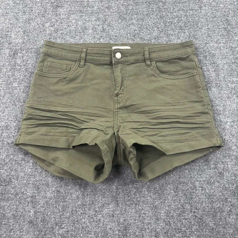 H&M Twill Shorts 8 Green‎ Whisker Wash Cuffed Hem Women
